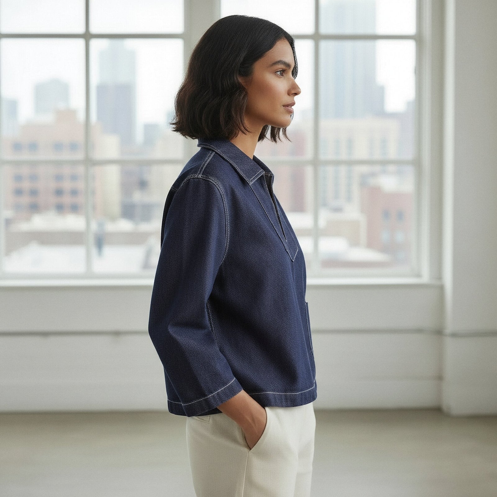 Buy Indigo Cotton Denim Long Sleeve V-Neck Crop Top Online at