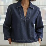 Indigo Cotton Denim Long Sleeve V-Neck Crop Top