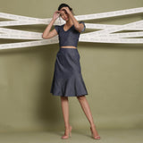 Front View of a Model wearing Indigo Cotton Denim Paneled A-Line Skirt