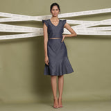 Front View of a Model wearing Indigo Cotton Denim Paneled A-Line Skirt