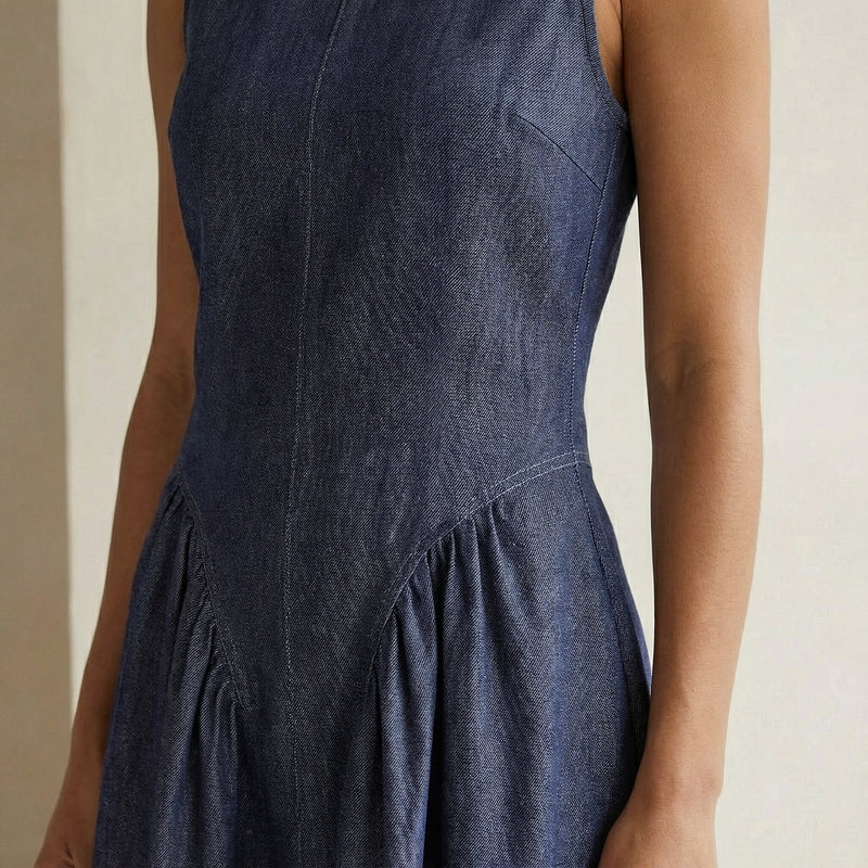 Indigo Cotton Denim Paneled Sleeveless Knee Length Dress 30
