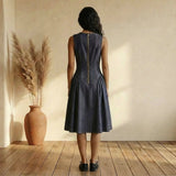 Indigo Cotton Denim Paneled Sleeveless Knee Length Dress