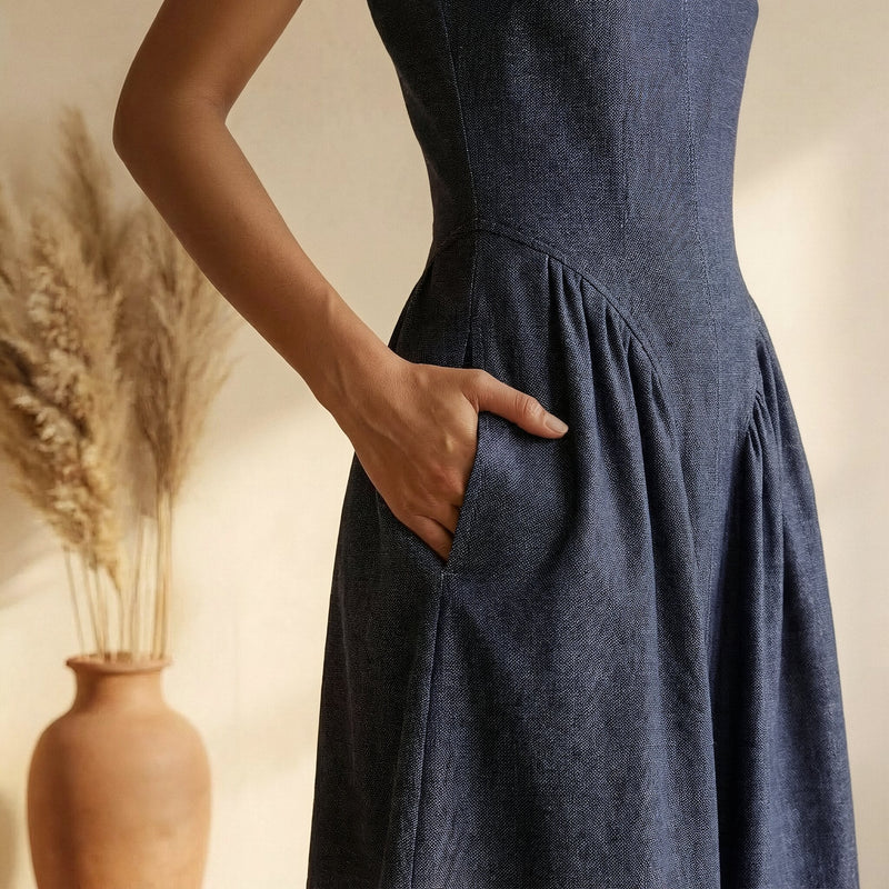 sleeveless knee length dresses for women Indigo Cotton Denim Paneled Dress 30