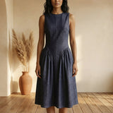 Indigo Cotton Denim Paneled Sleeveless Knee Length Dress