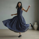 Indigo Cotton Denim Paneled Sleeveless Maxi Dress
