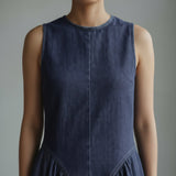 Indigo Cotton Denim Paneled Sleeveless Maxi Dress