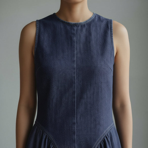 Indigo Cotton Denim Paneled Sleeveless Maxi Dress