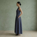 Indigo Cotton Denim Paneled Sleeveless Maxi Dress