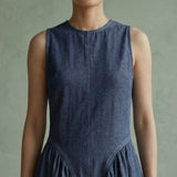 Indigo Cotton Denim Paneled Sleeveless Maxi Dress