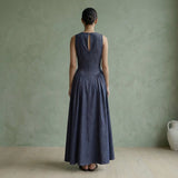 Indigo Cotton Denim Paneled Sleeveless Maxi Dress