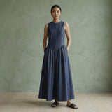 Indigo Cotton Denim Paneled Sleeveless Maxi Dress