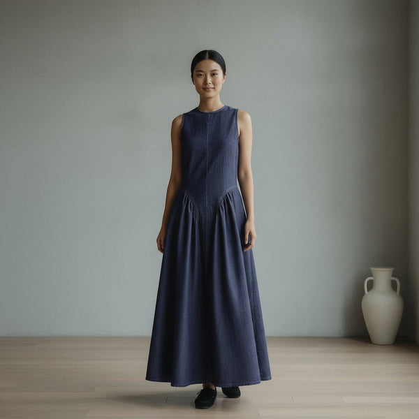 Indigo Cotton Denim Paneled Sleeveless Maxi Dress
