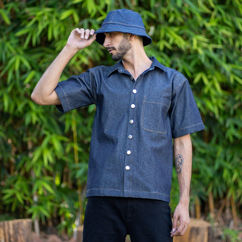 Indigo Cotton Denim Patch Pocket Half Sleeve Shirt