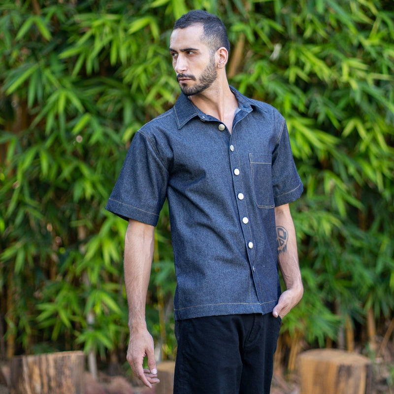 Indigo Cotton Denim Patch Pocket Half Sleeve Shirt