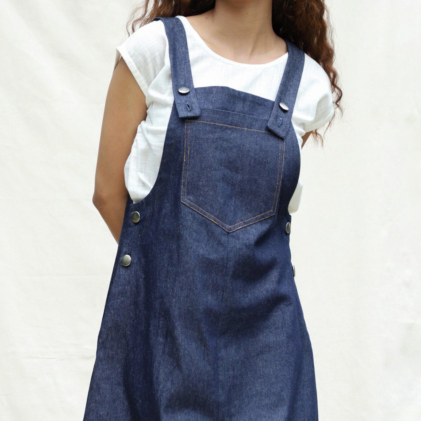 Indigo Cotton Denim Pinafore Knee Length Dress 70" / Regular (5'2" - 5'6") Indigo Cotton Denim Pinafore Knee Length Dress 70" / Regular (5'2" - 5'6")