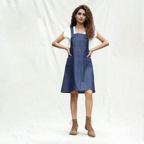 Front View of a Model wearing Indigo Cotton Denim Pinafore Knee Length Dress