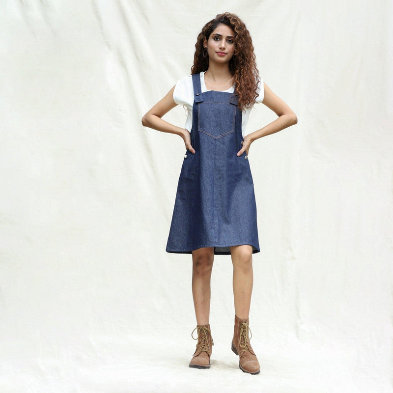 Buy Indigo Cotton Denim Pinafore Knee Length Dress Online at