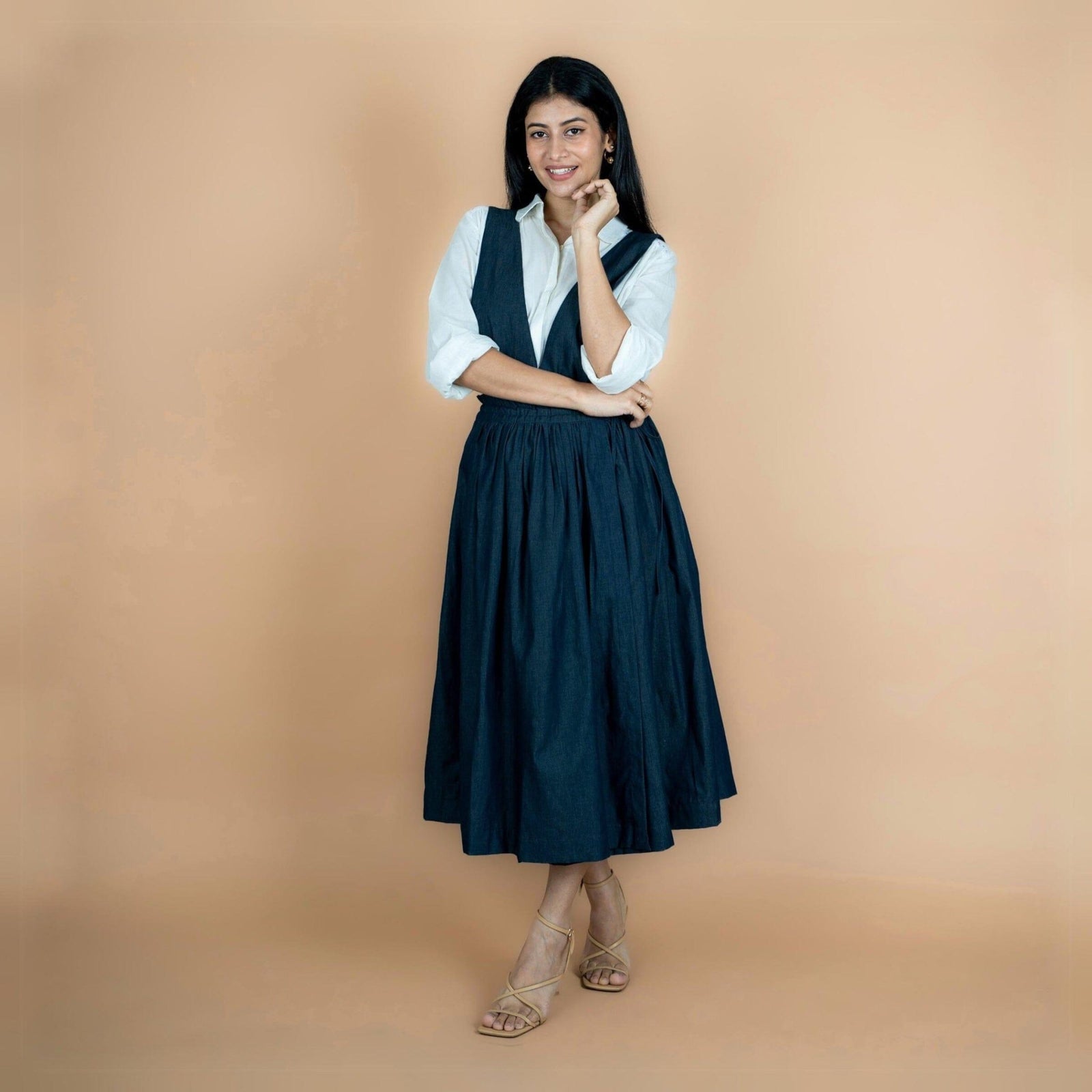 Indigo Cotton Denim Pinafore Midi Wrap Dress 36