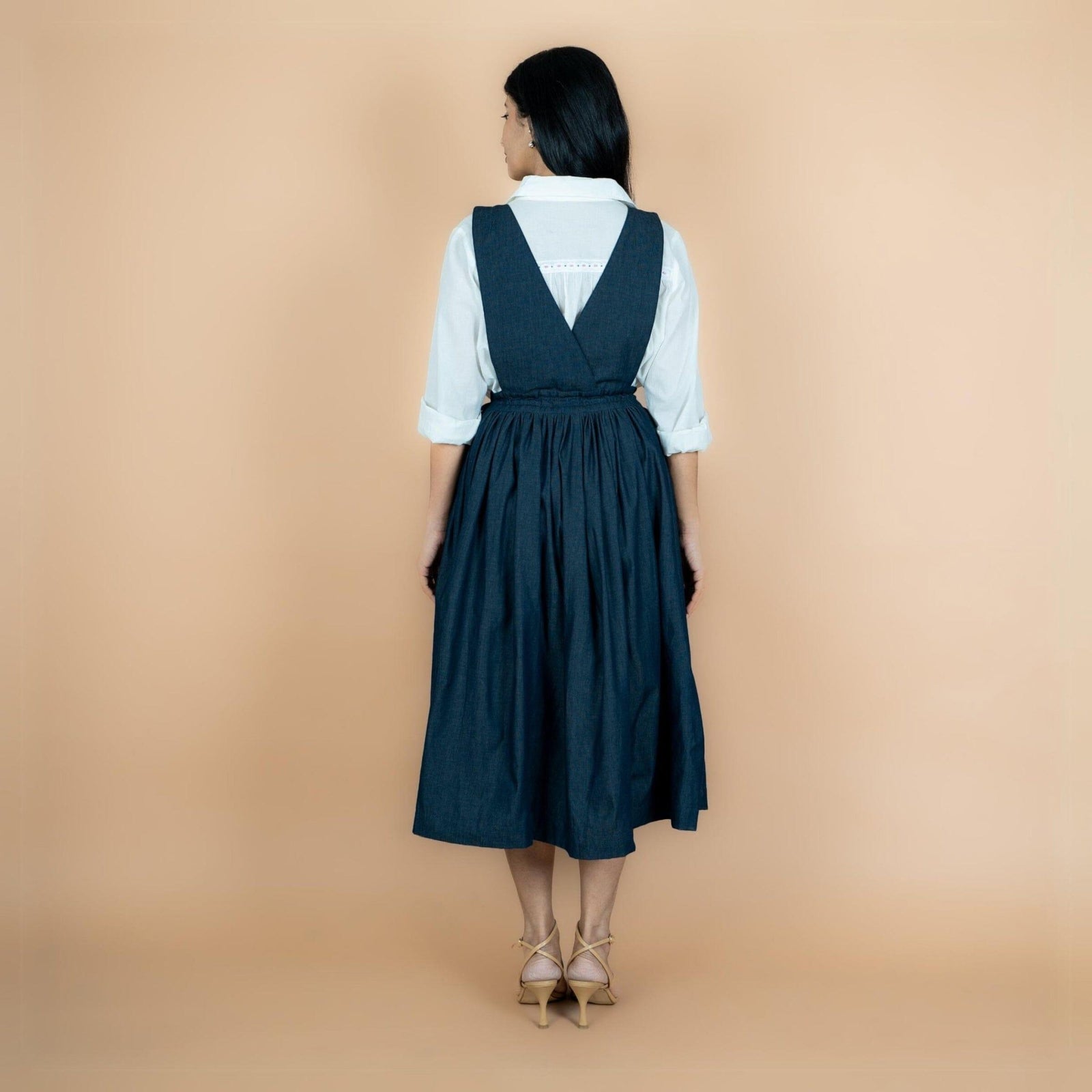 Indigo Cotton Denim Pinafore Midi Wrap Dress 32
