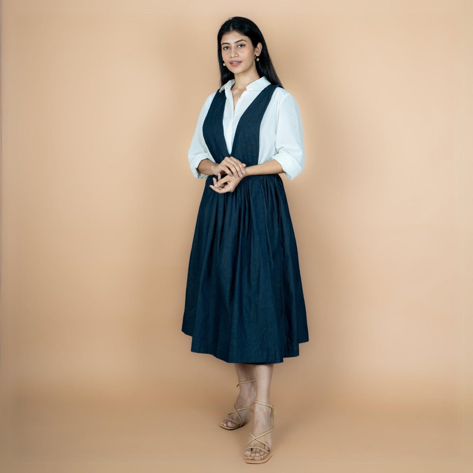 Indigo Cotton Denim Pinafore Midi Wrap Dress 54