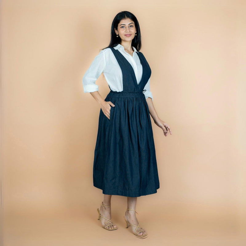 Buy Indigo Cotton Denim Pinafore Midi Wrap Dress Online at