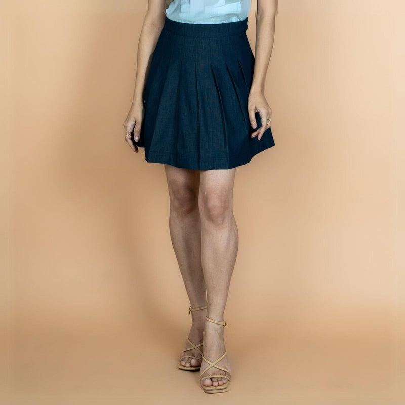 Indigo Cotton Denim Pleated Short Skirt