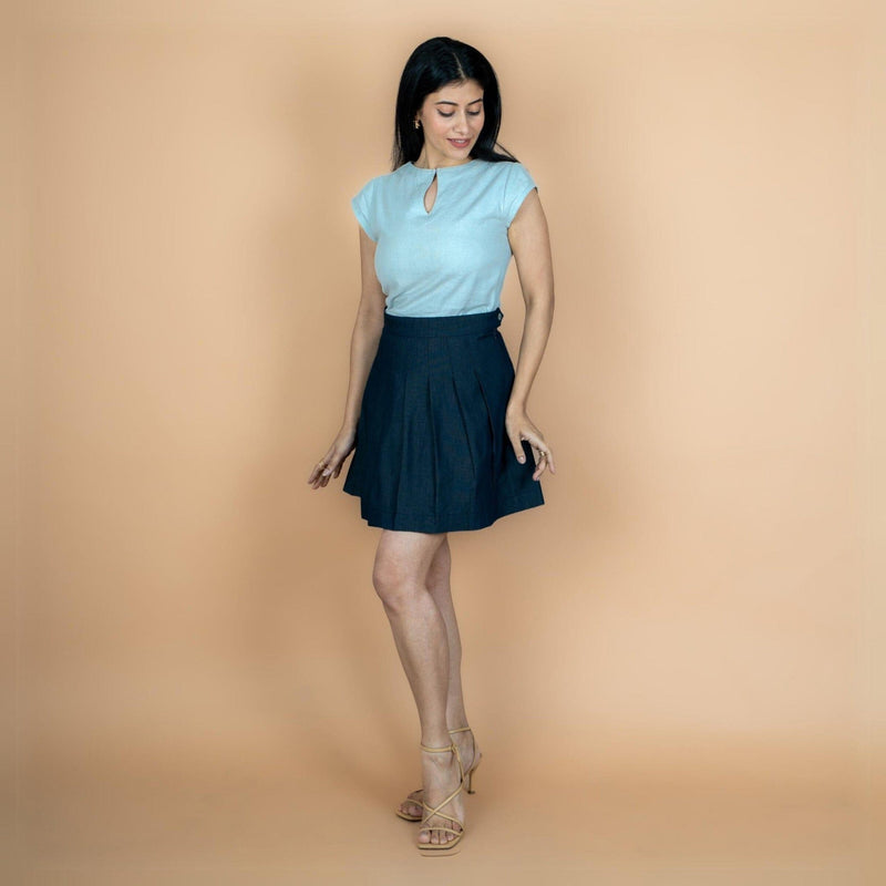 Indigo Cotton Denim Pleated Short Skirt