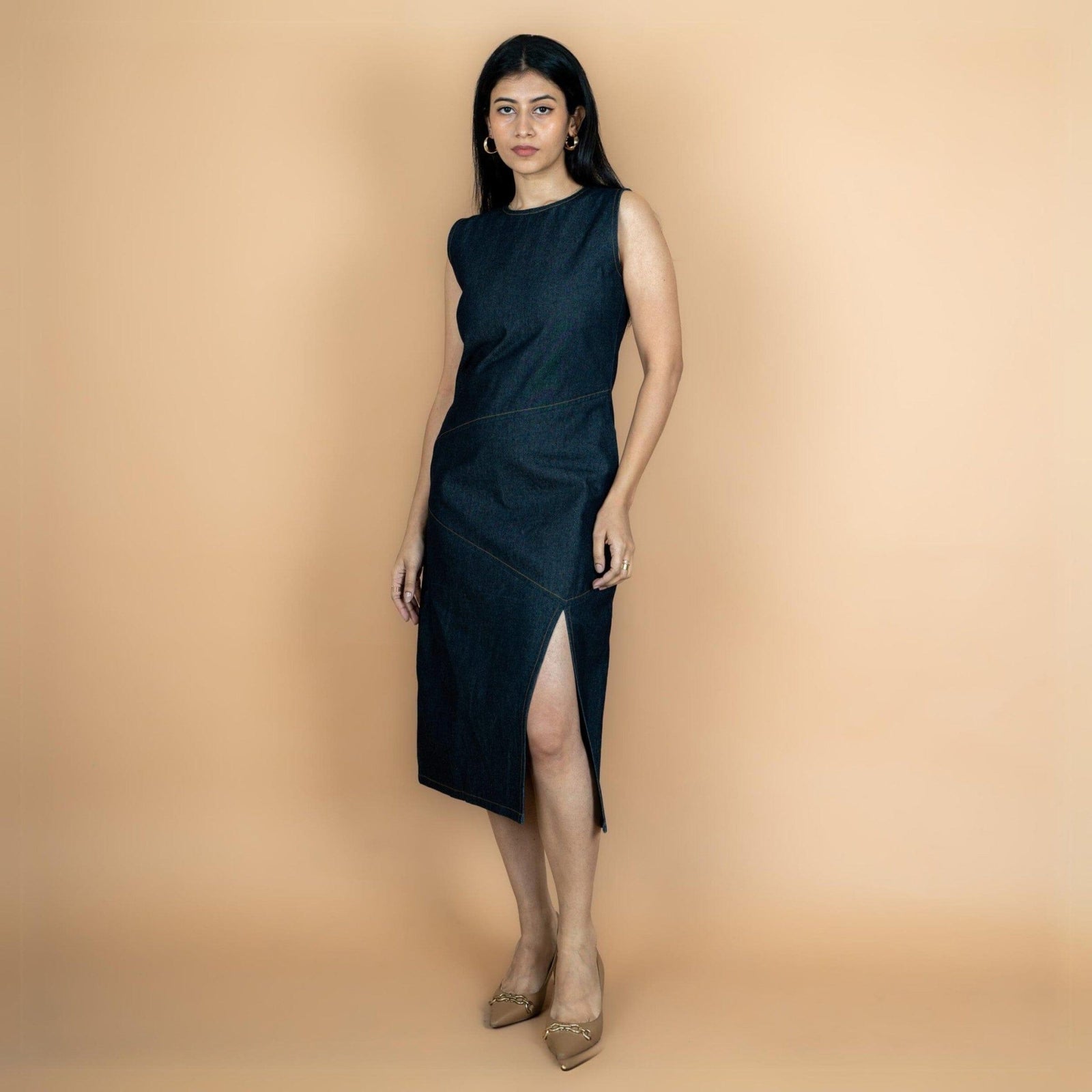 Indigo Cotton Denim Sleeveless A-Line Midi Slit Dress 44" / Tall (5'7" and above) Indigo Cotton Denim Sleeveless A-Line Midi Slit Dress 44" / Tall (5'7" and above)