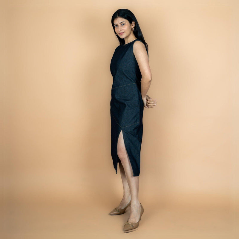 Indigo Cotton Denim Sleeveless A-Line Midi Slit Dress 30" / Custom Height (Free) Indigo Cotton Denim Sleeveless A-Line Midi Slit Dress 30" / Custom Height (Free)