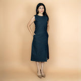 Indigo Cotton Denim Sleeveless A-Line Midi Slit Dress