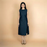 Indigo Cotton Denim Sleeveless A-Line Midi Slit Dress