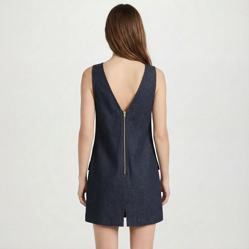 Indigo Cotton Denim Sleeveless A-Line Mini Dress 44" / Petite (5'1" and below) Indigo Cotton Denim Sleeveless A-Line Mini Dress 44" / Petite (5'1" and below)