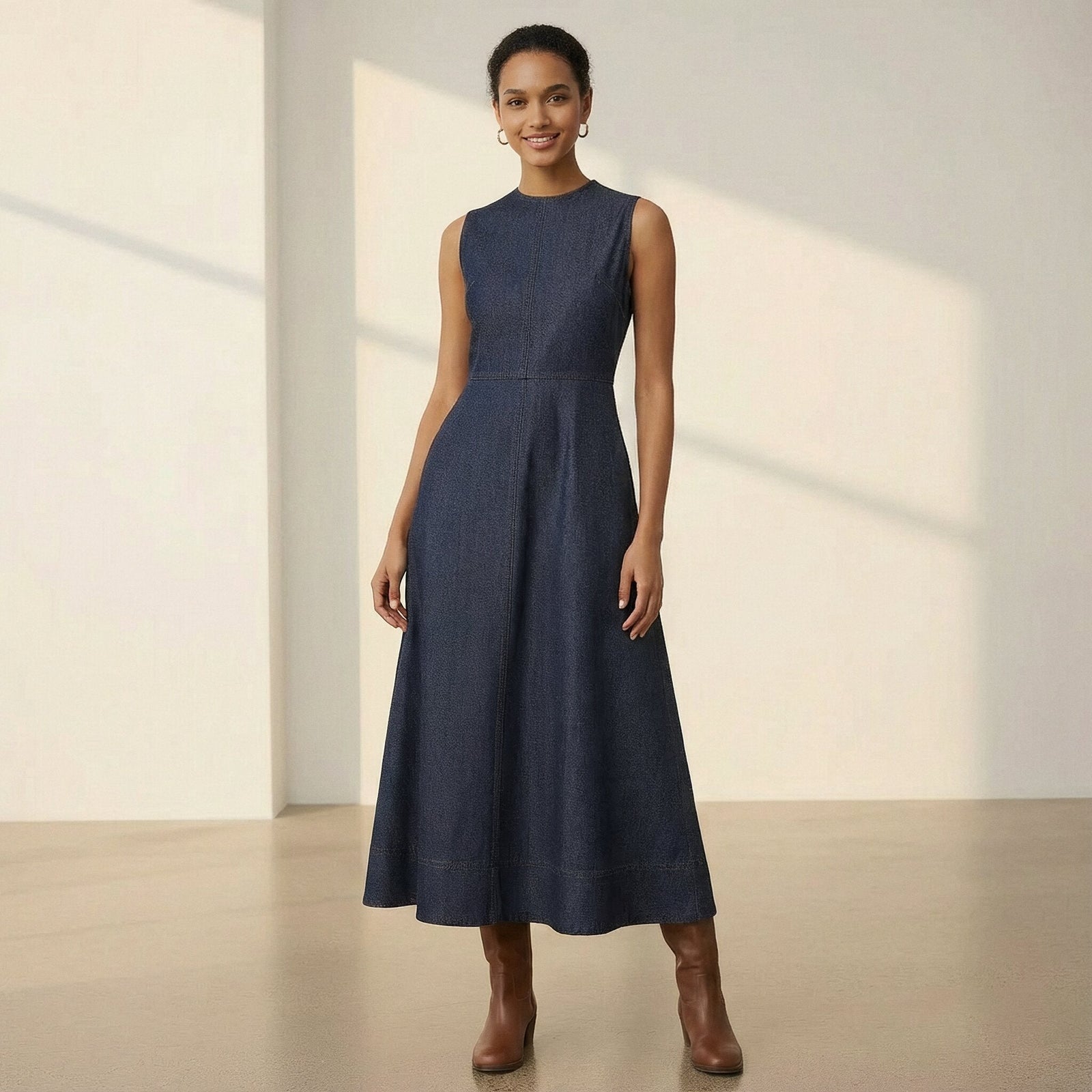 denim flared dress for women Indigo Cotton Sleeveless Midi 52