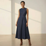 Indigo Cotton Denim Sleeveless Flared Midi Dress