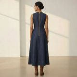 Indigo Cotton Denim Sleeveless Flared Midi Dress