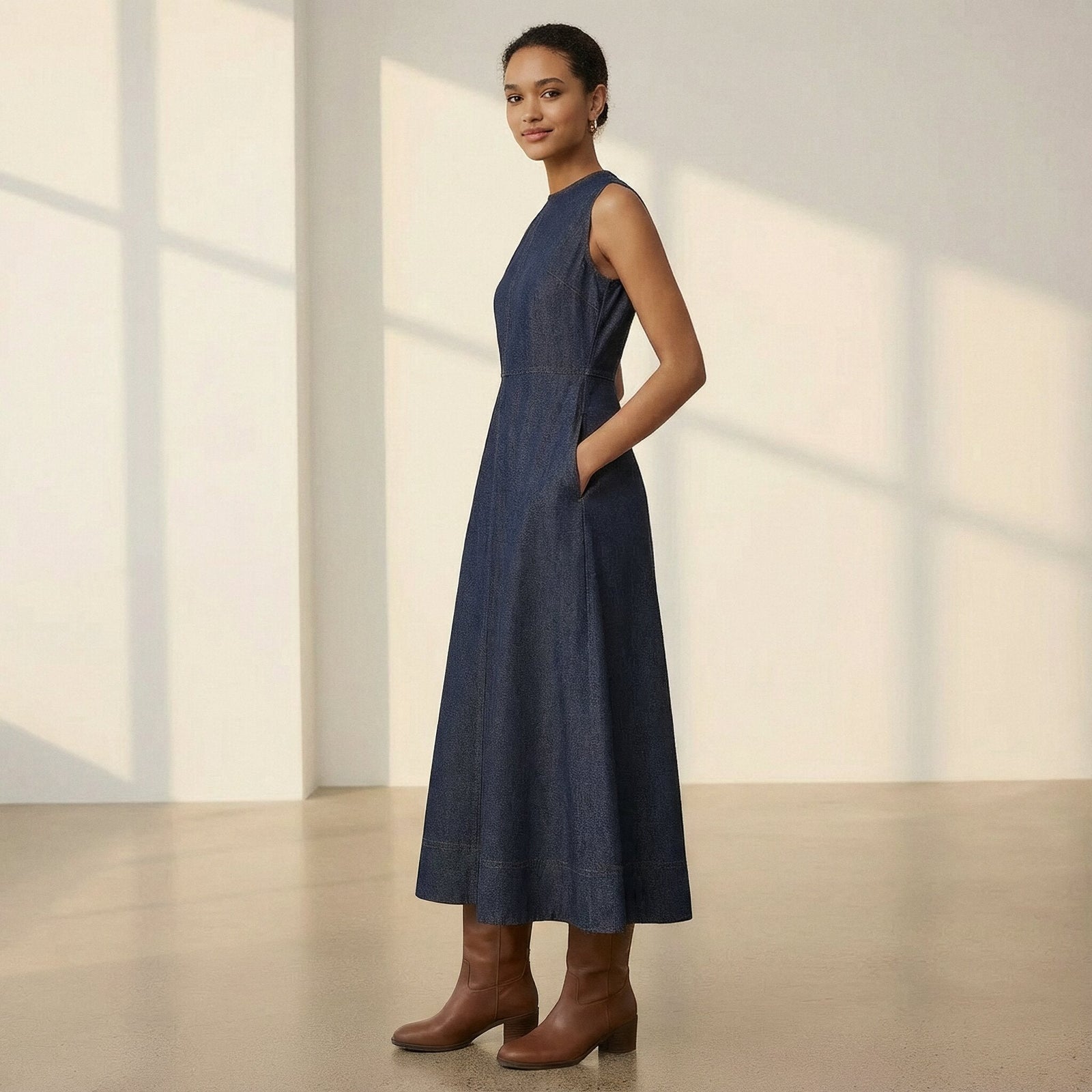 sleeveless midi denim dress Indigo Cotton Flared 52