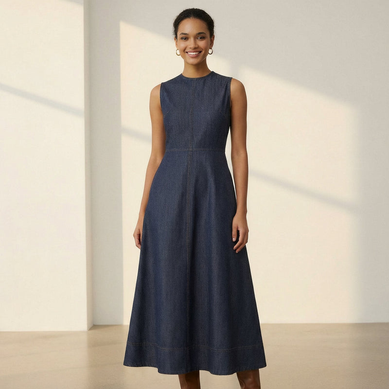 Indigo Cotton Denim Sleeveless Flared Midi Dress 52