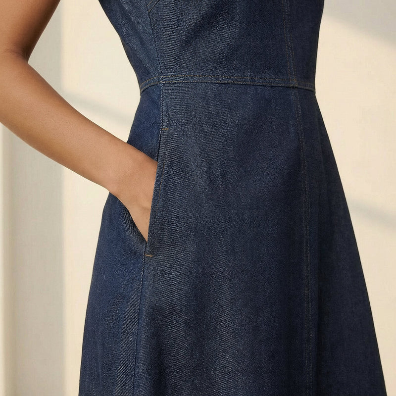 fit & flare sleeveless denim midi dress Indigo Cotton Flared 52