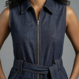 Indigo Cotton Denim Sleeveless Front Zipper Safari Jumpsuit