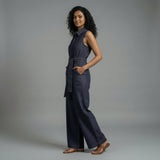 Indigo Cotton Denim Sleeveless Front Zipper Safari Jumpsuit