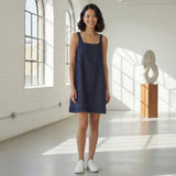 Indigo Cotton Denim Square Neck Strappy Short Dress