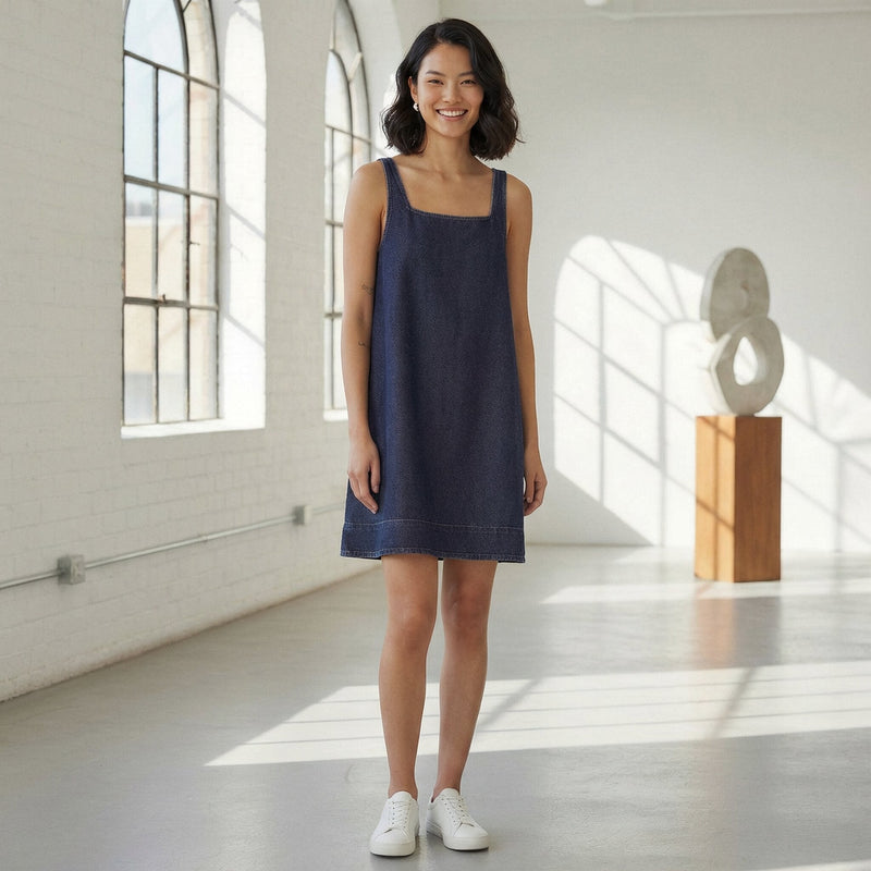 Indigo Cotton Denim Square Neck Strappy Short Dress 62