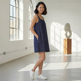 Indigo Cotton Denim Square Neck Strappy Short Dress