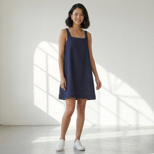 Indigo Cotton Denim Square Neck Strappy Short Dress 62