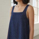 Indigo Cotton Denim Square Neck Strappy Short Dress