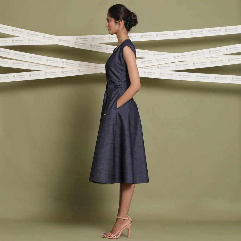 Indigo Cotton Denim V-Neck Fit and Flare Midi Dress 30" / Petite (5'1" and below) Indigo Cotton Denim V-Neck Fit and Flare Midi Dress 30" / Petite (5'1" and below)