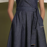 Front Detail of a Model wearing Indigo Cotton Denim Fit and Flare Dress