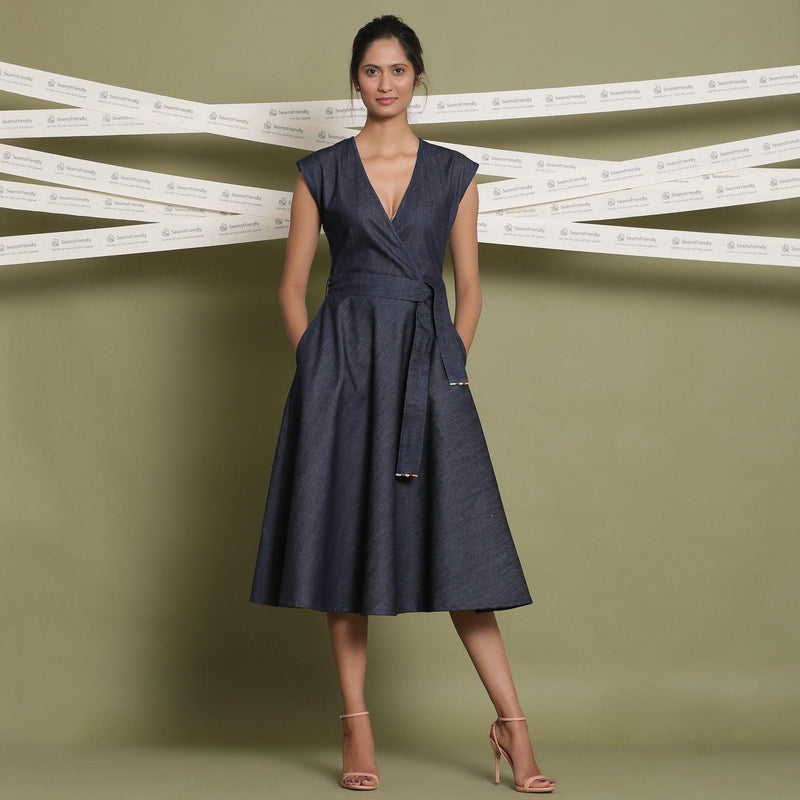 Indigo Cotton Denim V-Neck Fit and Flare Midi Dress 38" / Tall (5'7" and above) Indigo Cotton Denim V-Neck Fit and Flare Midi Dress 38" / Tall (5'7" and above)