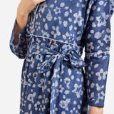 Close View of a Model wearing Indigo Dabu Block Print A-Line Floral Dress