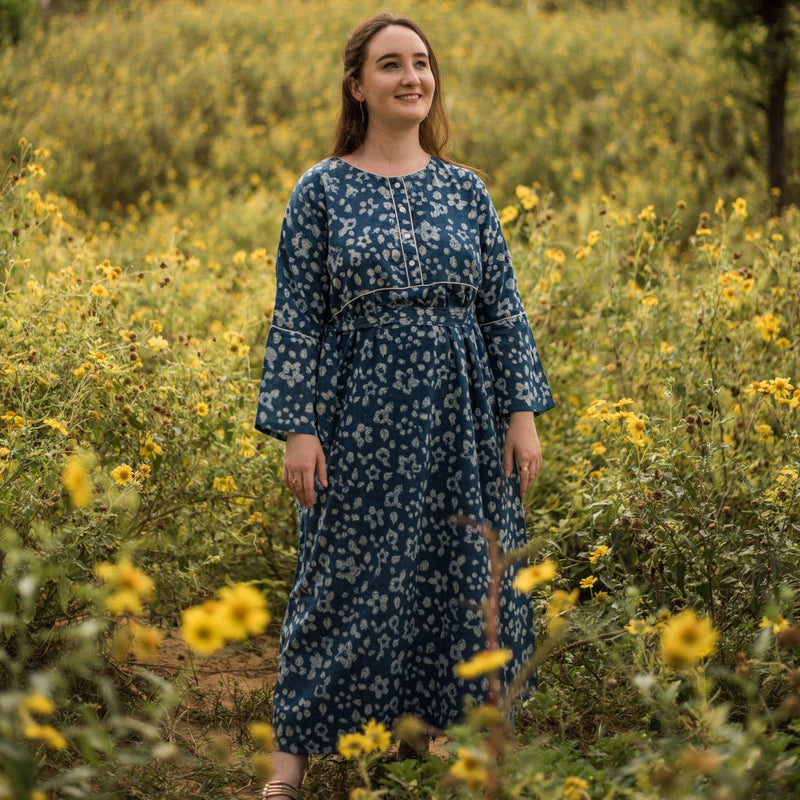 Front View of a Model wearing Indigo Dabu Block Print A-Line Floral Dress